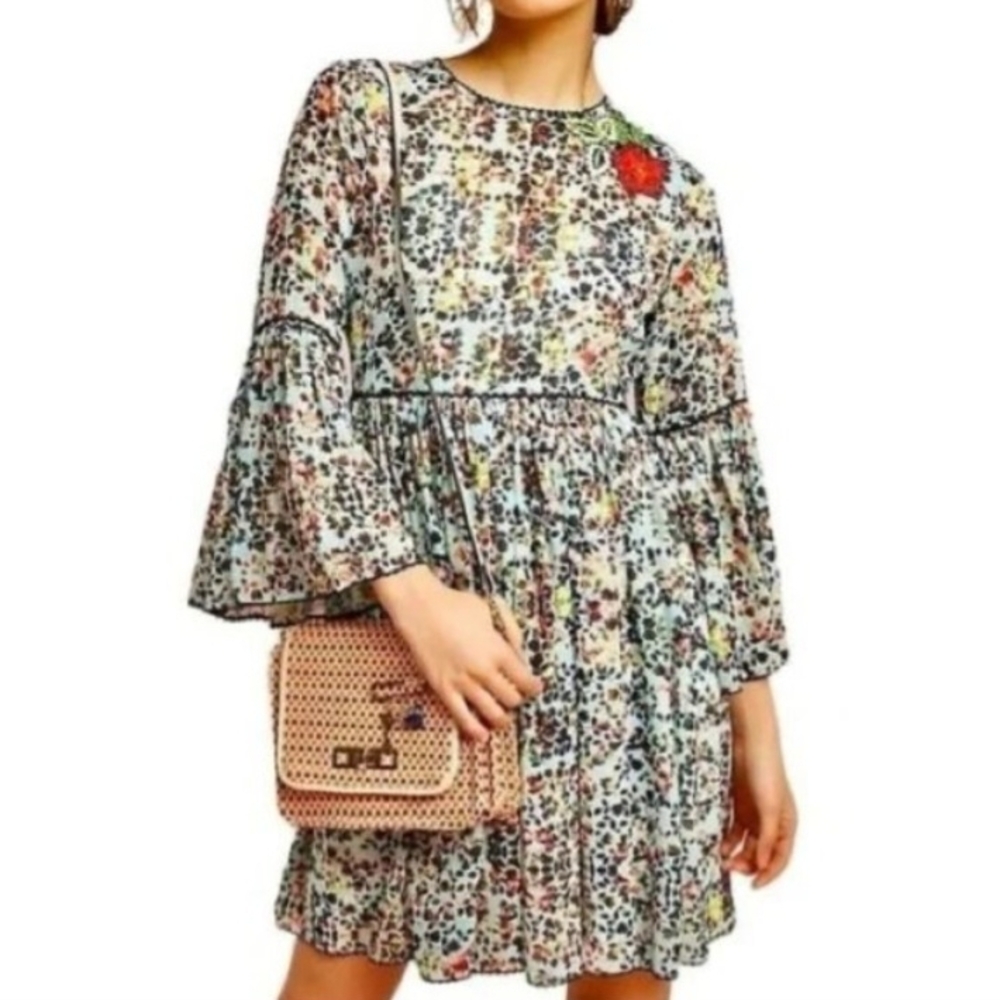 Bhanuni By Jyoti Anthropologie Semi Sheer Floral Embroidered Mini Bell Sleeves